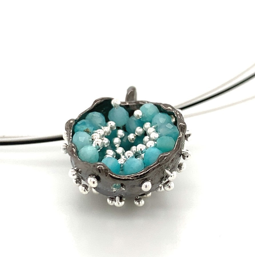 Dance of Stamens Medium Earring, Mobile Silver Pendant Hollow Bezel with Amazonite