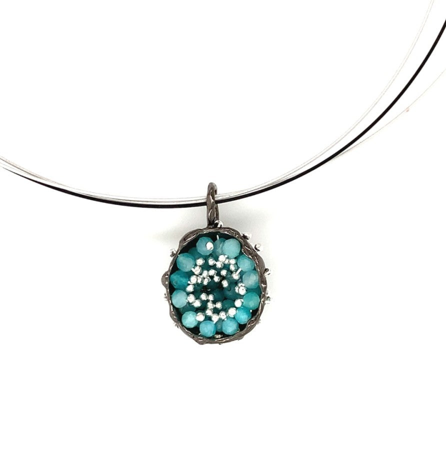 Dance of Stamens Medium Necklace, Silver Hollow Bezel with Amazonite