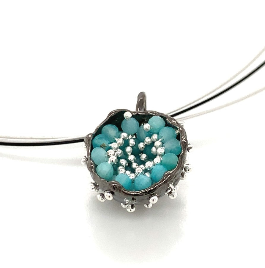 Dance of Stamens Medium Necklace, Silver Hollow Bezel with Amazonite