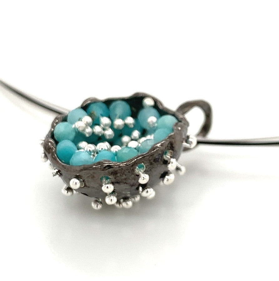 Dance of Stamens Medium Necklace, Silver Hollow Bezel with Amazonite