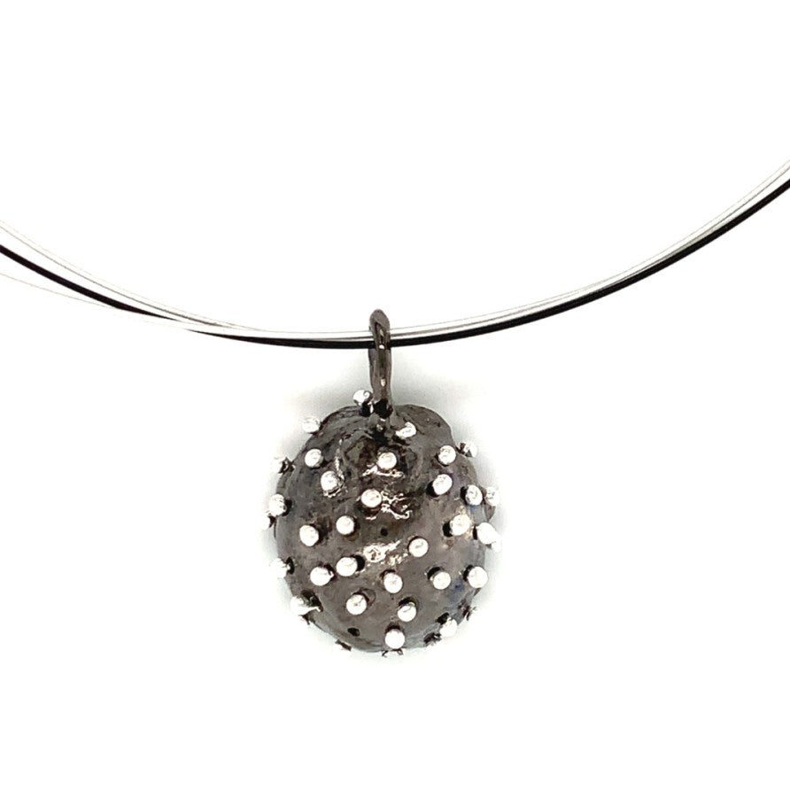 Dance of Stamens Medium Necklace, Silver Hollow Bezel with Amazonite