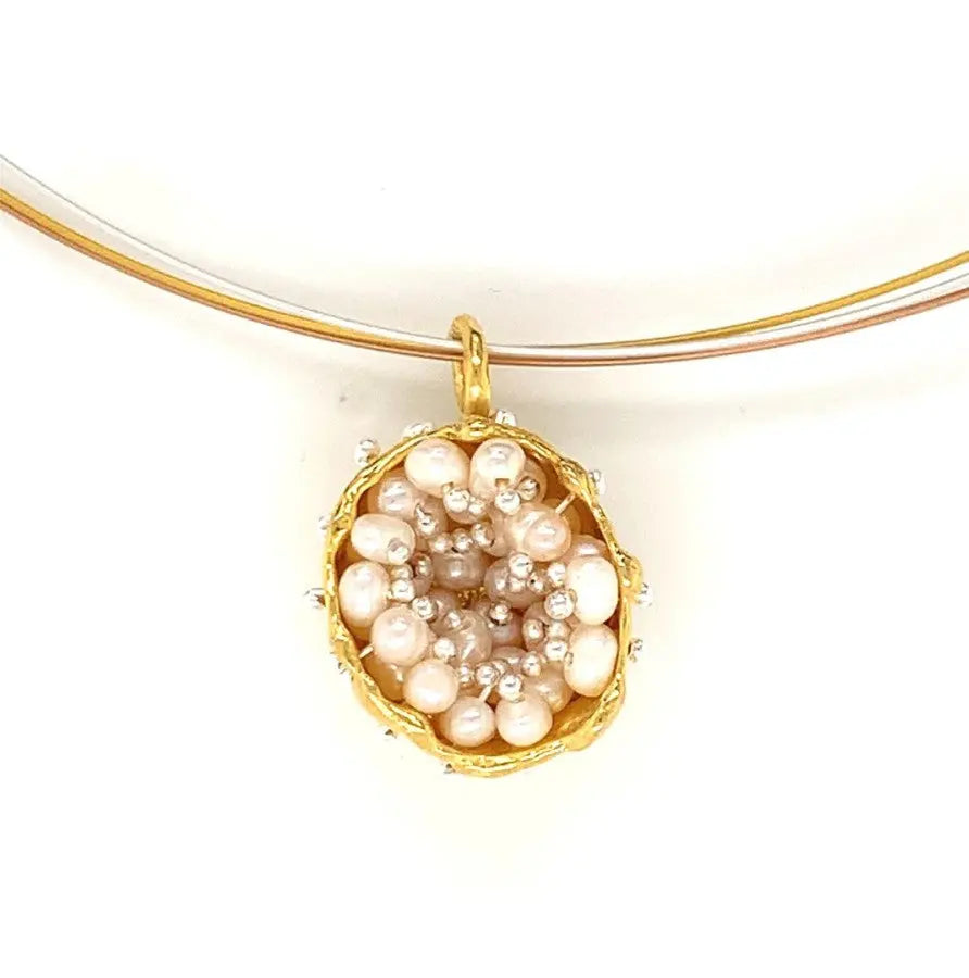 Dance of Stamens Necklace Midi, Gold plated Hollow Bezel with Fresh Water Pearls Sterling Silver with Gold Plate