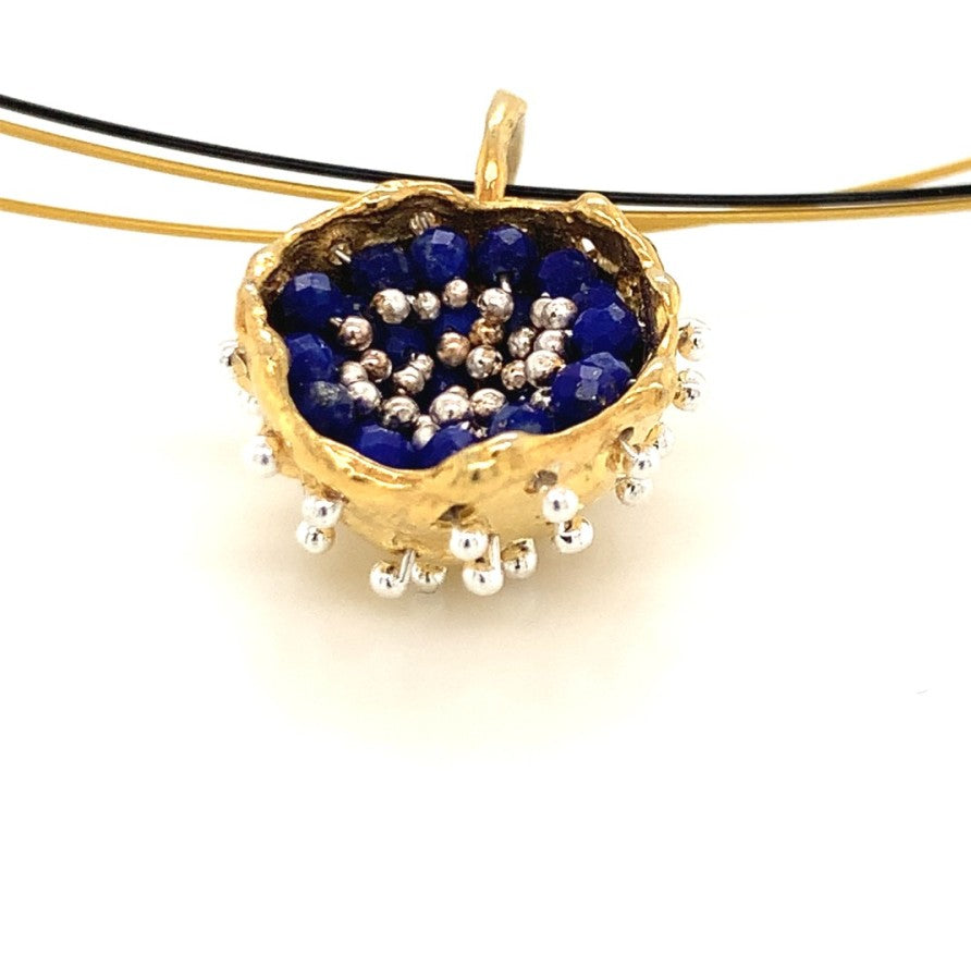 Dance of Stamens Necklace Midi, Mobile Gold Plated Pendant Hollow Bezel with Lapis Lazuli
