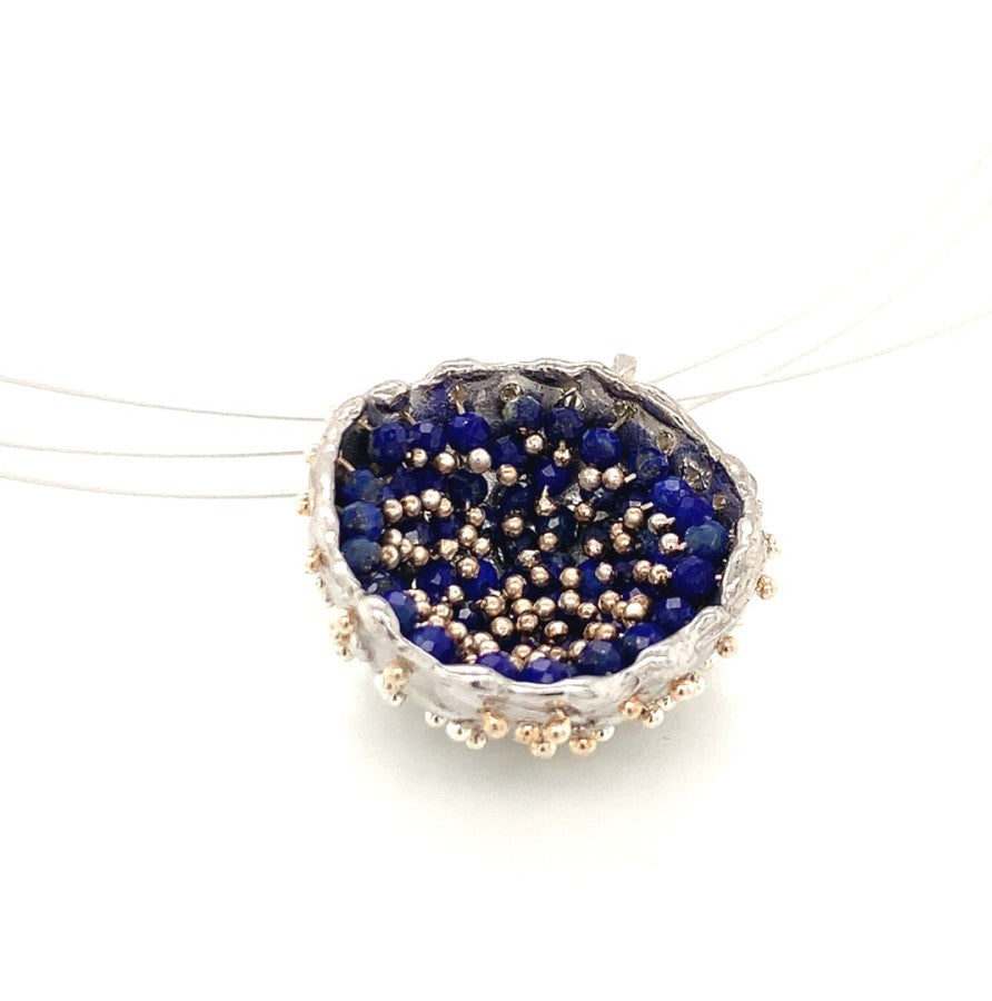 Dance of Stamens Necklace Large, Mobile Silver Pendant Hollow Bezel with Lapis Lazuli
