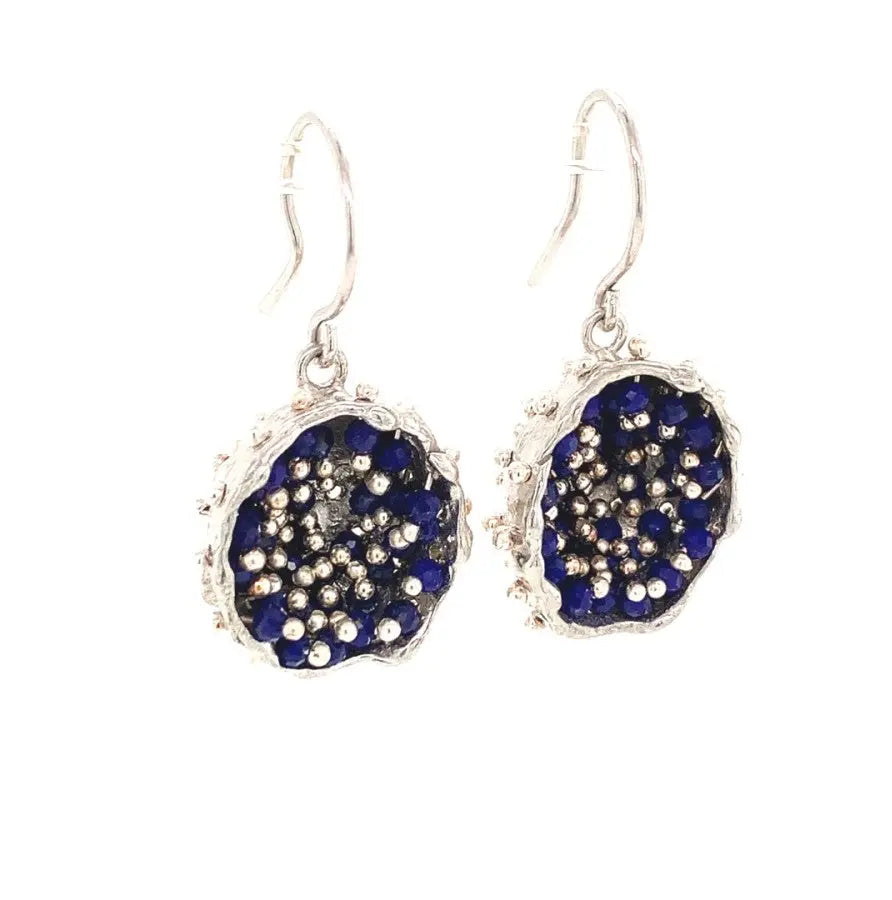 Dance of Stamens Medium Earring, Silver Hollow Bezel with Mobile Semiprecious Stones Lapis Lazouli Sterling Silver