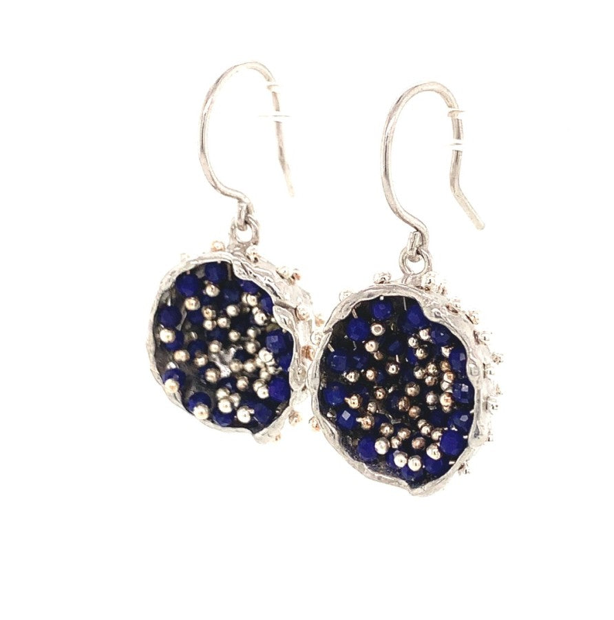 Dance of Stamens Medium Earring, Silver Hollow Bezel with Mobile Semiprecious Stones Lapis Lazouli