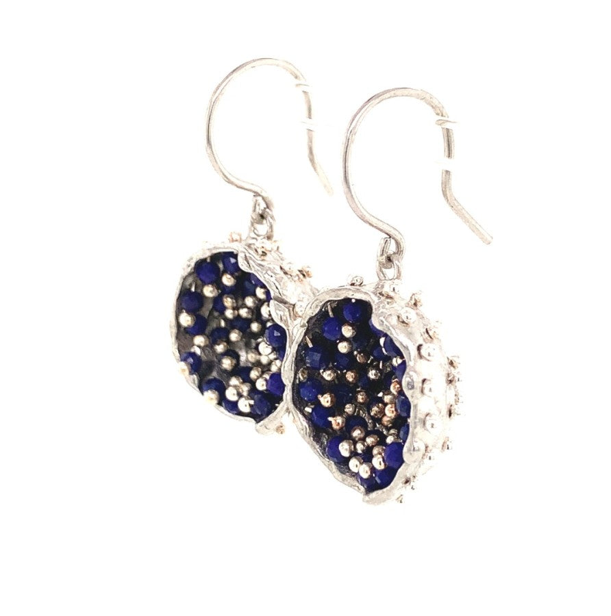 Dance of Stamens Medium Earring, Silver Hollow Bezel with Mobile Semiprecious Stones Lapis Lazouli