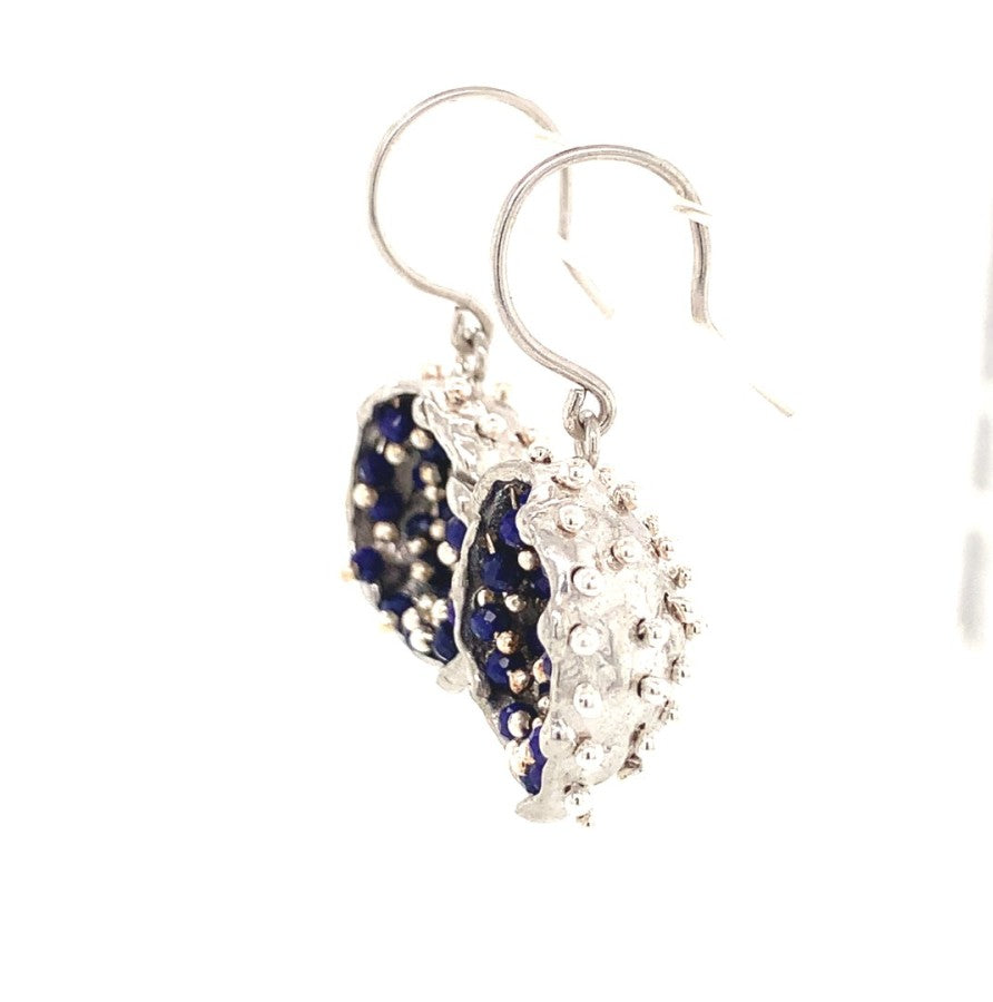 Dance of Stamens Medium Earring, Silver Hollow Bezel with Mobile Semiprecious Stones Lapis Lazouli
