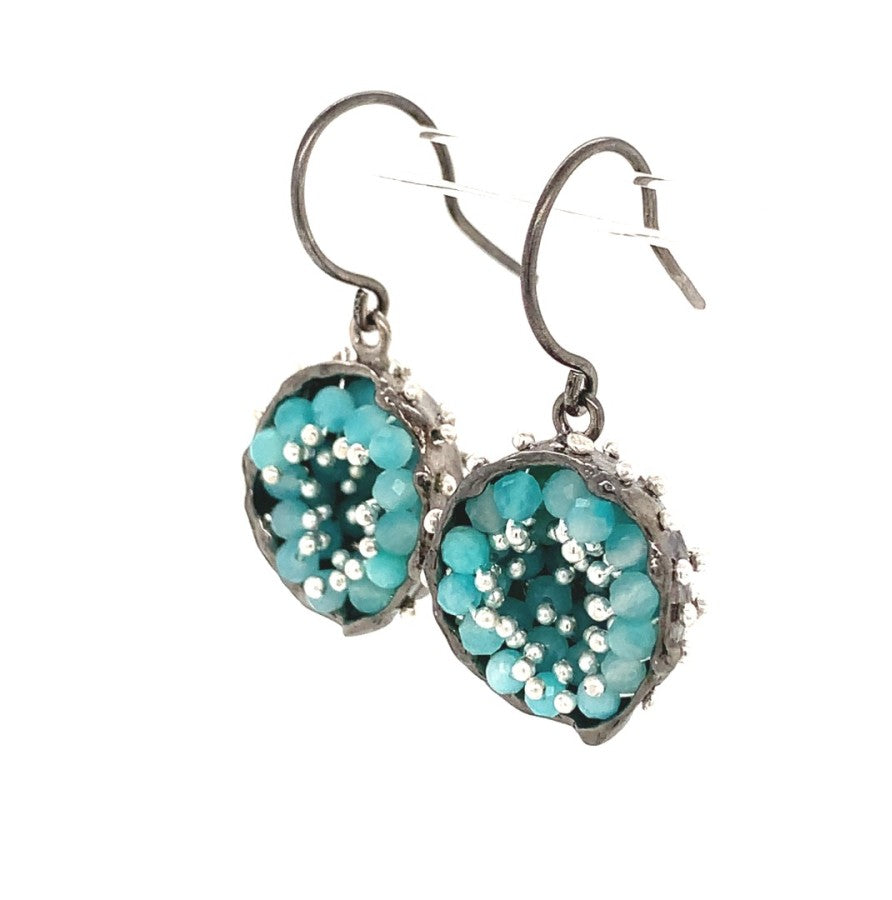 Dance of Stamens Medium Earring, Silver Hollow Bezel with Mobile Semiprecious Stones Amazonite