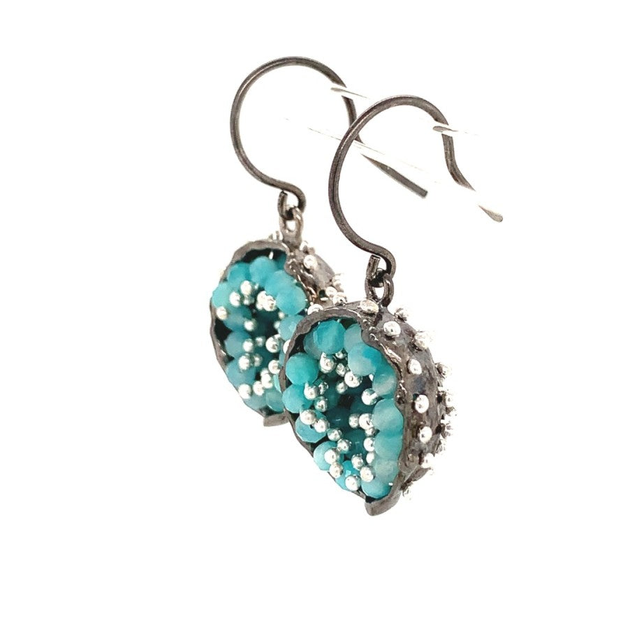Dance of Stamens Medium Earring, Silver Hollow Bezel with Amazonite