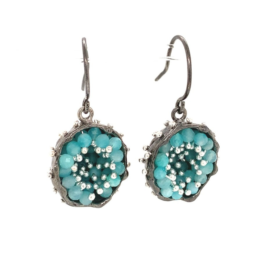 Dance of Stamens Medium Earring, Silver Hollow Bezel with Mobile Semiprecious Stones Amazonite