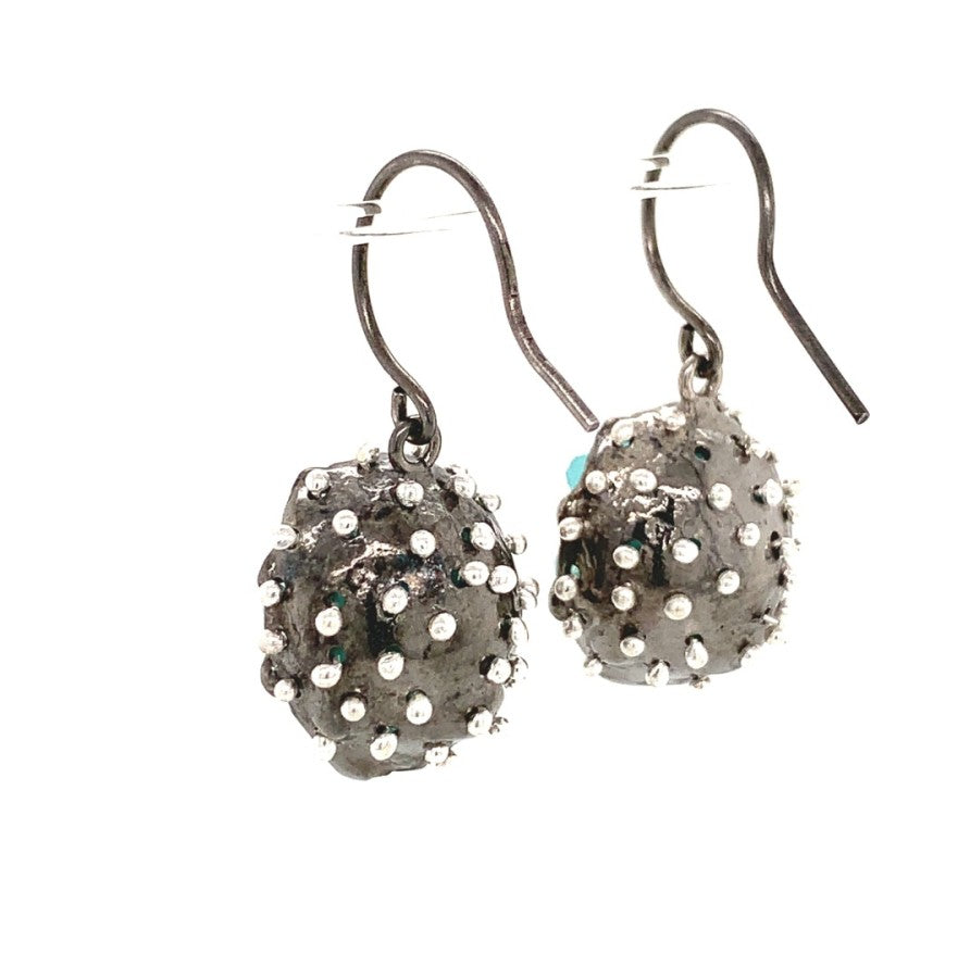 Dance of Stamens Medium Earring, Silver Hollow Bezel with Mobile Semiprecious Stones Amazonite