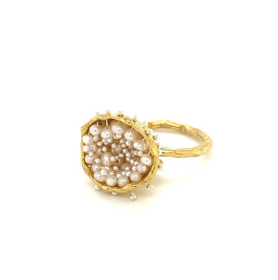 Dance of Stamens Medium Ring, Gold plated Ring, hollow bezel with mobile fresh water baby pearls