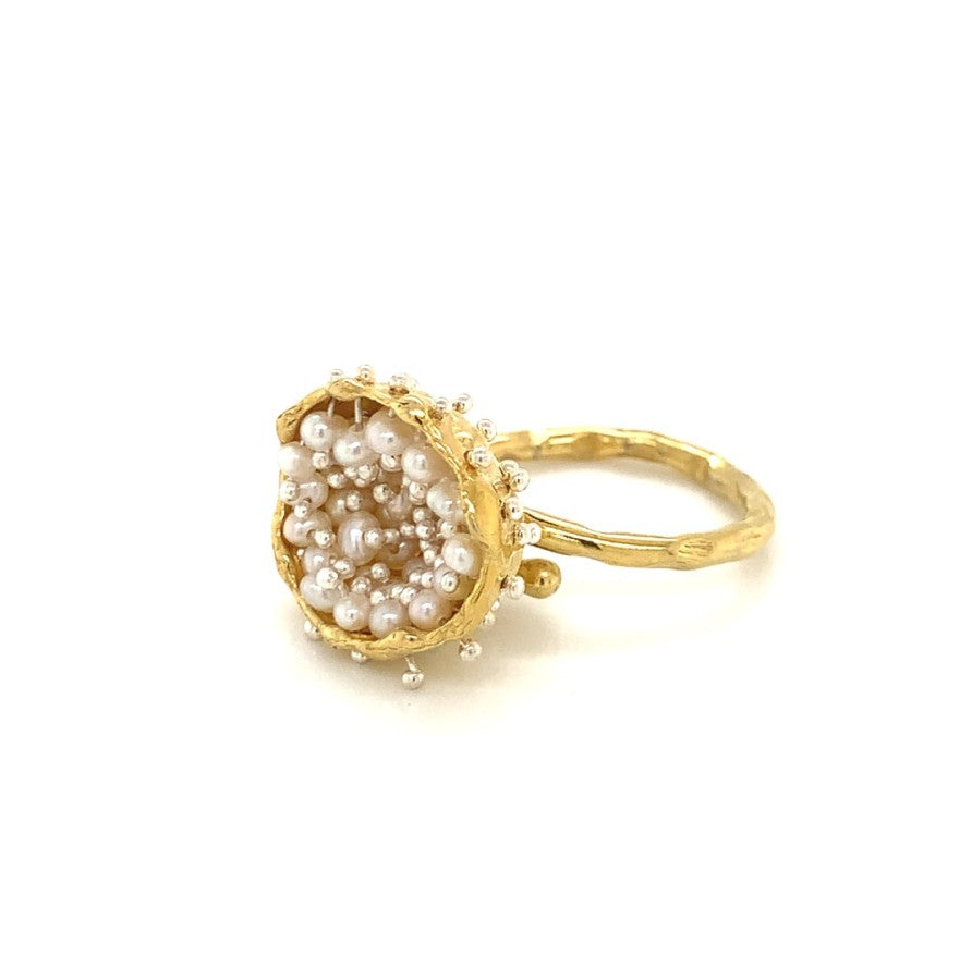 Dance of Stamens Medium Ring, Gold plated Ring, hollow bezel with mobile fresh water baby pearls