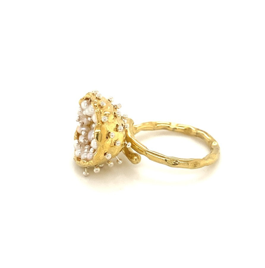Dance of Stamens Medium Ring, Gold plated Ring, hollow bezel with mobile fresh water baby pearls