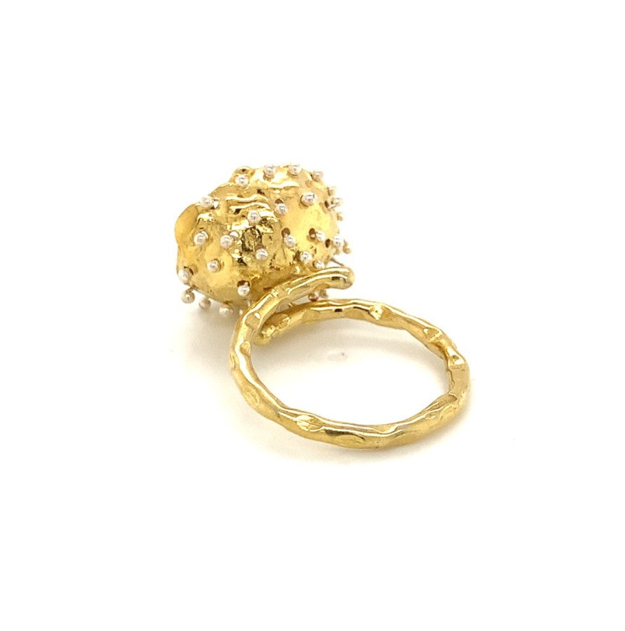 Dance of Stamens Medium Ring, Gold plated Ring, hollow bezel with mobile fresh water baby pearls
