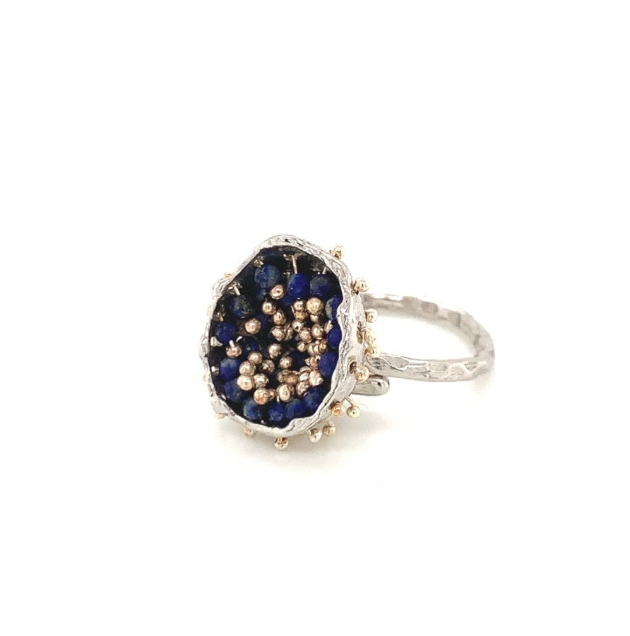 Dance of Stamens Medium Ring, Mobile Silver Ring Hollow Bezel with Lapis Lazuli