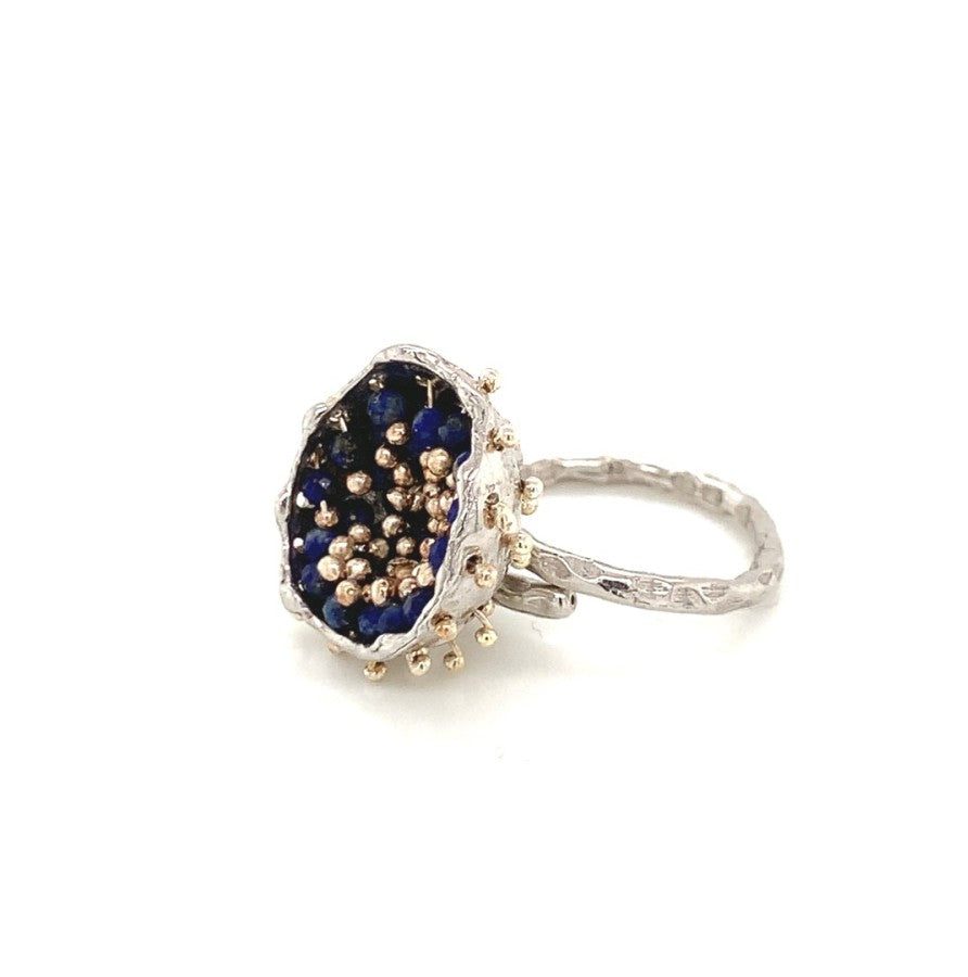 Dance of Stamens Medium Ring, Mobile Silver Ring Hollow Bezel with Lapis Lazuli