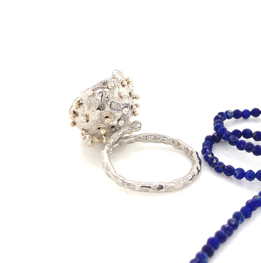 Dance of Stamens Medium Ring, Mobile Silver Ring Hollow Bezel with Lapis Lazuli