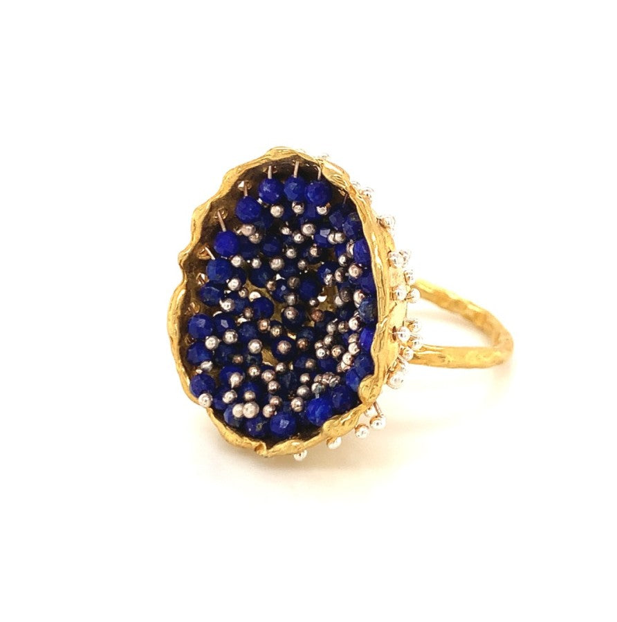 Dance of Stamens Large Ring, Mobile Gold Plated Pendant Hollow Bezel with Lapis Lazuli