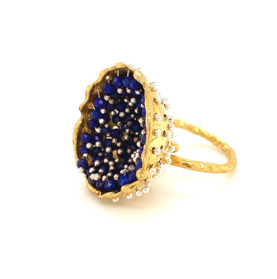 Dance of Stamens Large Ring, Mobile Gold Plated Pendant Hollow Bezel with Lapis Lazuli