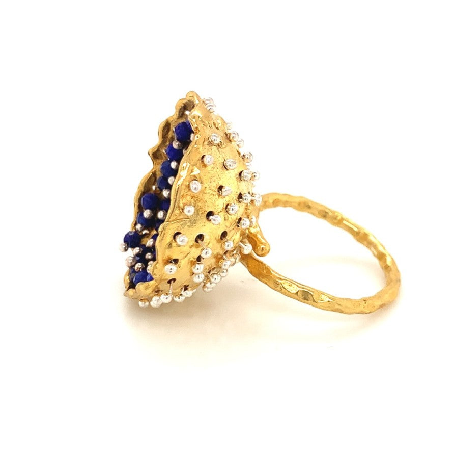 Dance of Stamens Large Ring, Mobile Gold Plated Pendant Hollow Bezel with Lapis Lazuli