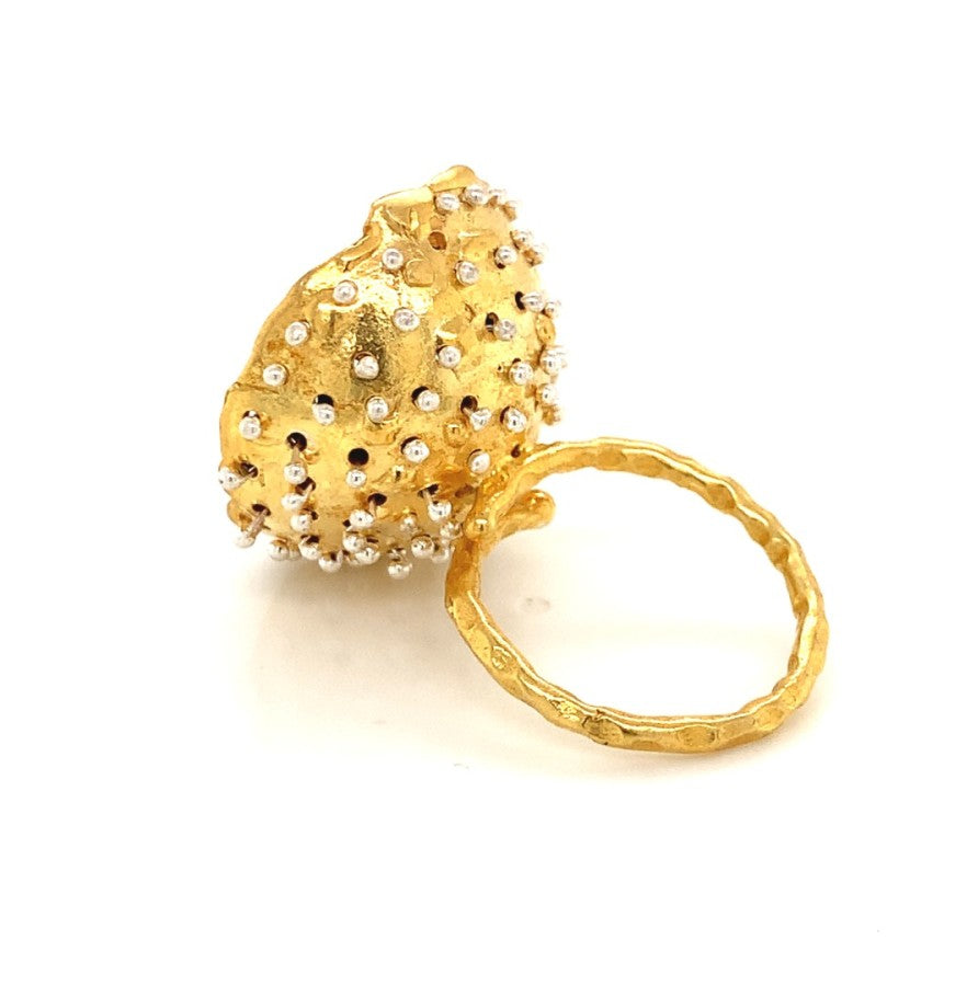 Dance of Stamens Large Ring, Mobile Gold Plated Pendant Hollow Bezel with Lapis Lazuli