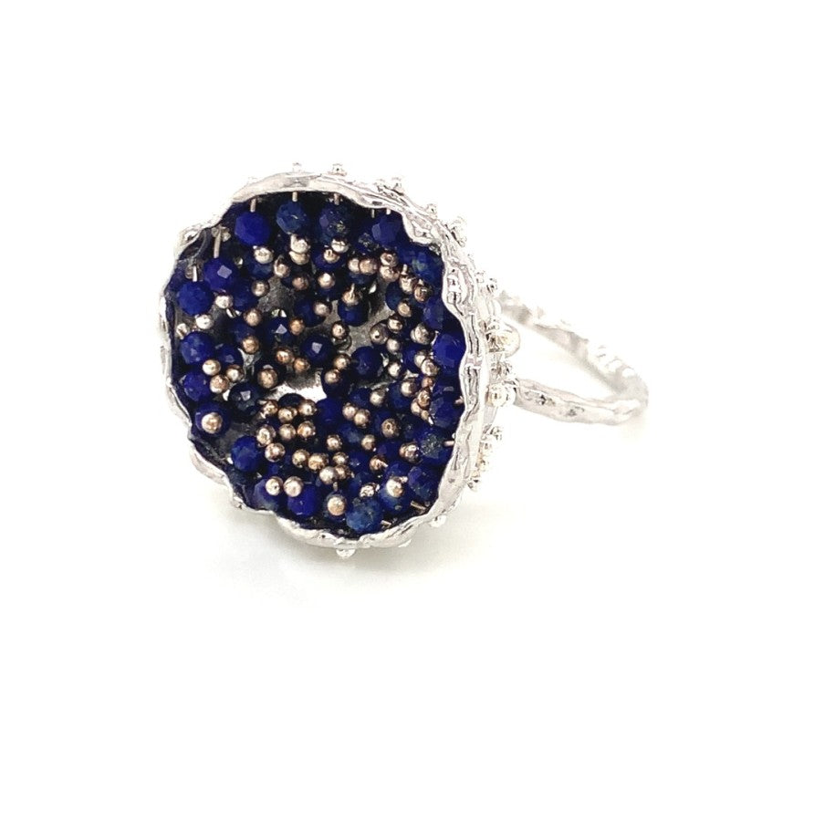 Dance of Stamens Large Ring, Mobile Silver Ring Hollow Bezel with Lapis Lazuli
