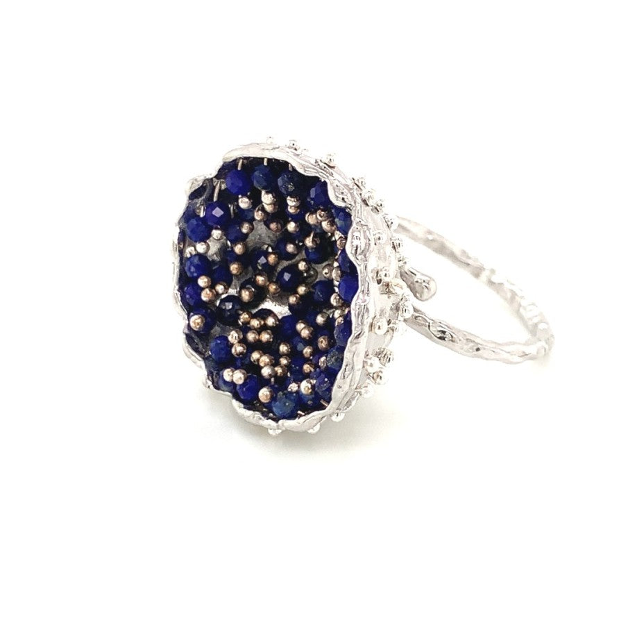 Dance of Stamens Large Ring, Mobile Silver Ring Hollow Bezel with Lapis Lazuli
