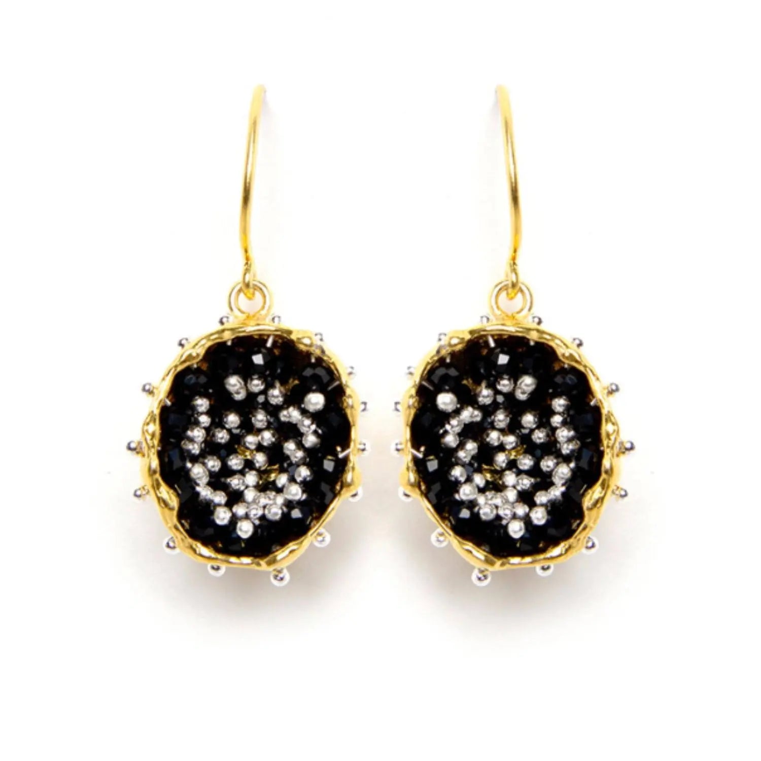 Dance of Stamens Medium Earring, Gold Plated Hollow Bezel with Black Spinel Sterling Silver with Gold Plate