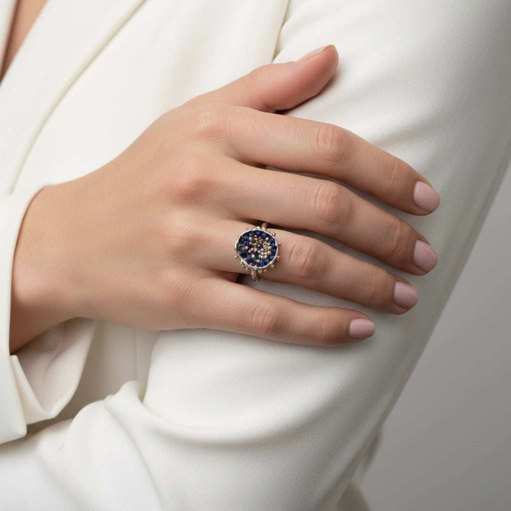 Dance of Stamens Medium Ring, Mobile Silver Ring Hollow Bezel with Lapis Lazuli