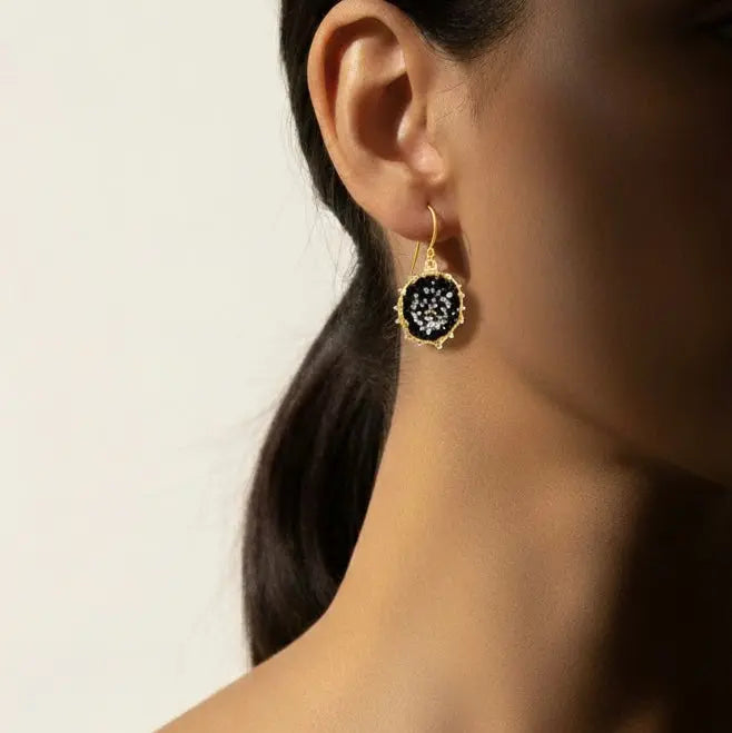 Dance of Stamens Medium Earring, Gold Plated Hollow Bezel with Black Spinel Sterling Silver with Gold Plate