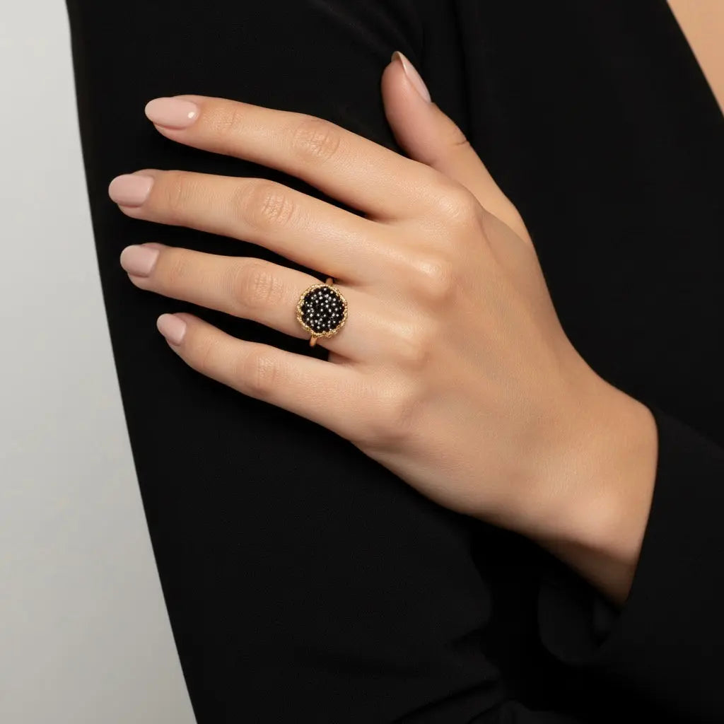 Dance of Stamens Medium Ring, Gold Plate Hollow Bezel with Black Spinel Sterling Silver with Gold Plate