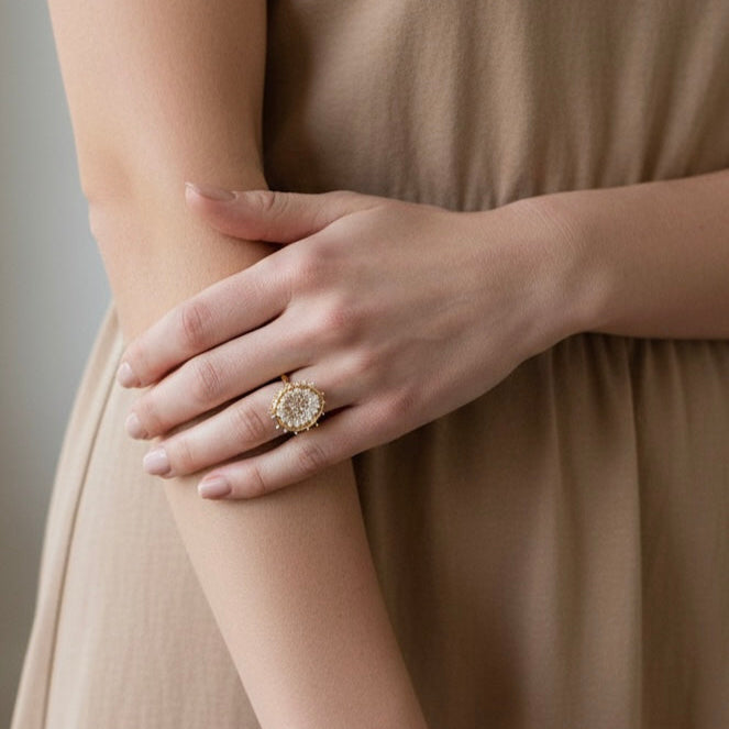 Dance of Stamens Medium Ring, Gold plated Ring, hollow bezel with mobile fresh water baby pearls