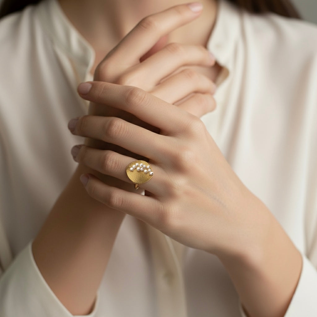 Leaf Mars Ring, Sterling Silver with Gold Plate with Baby Pearls