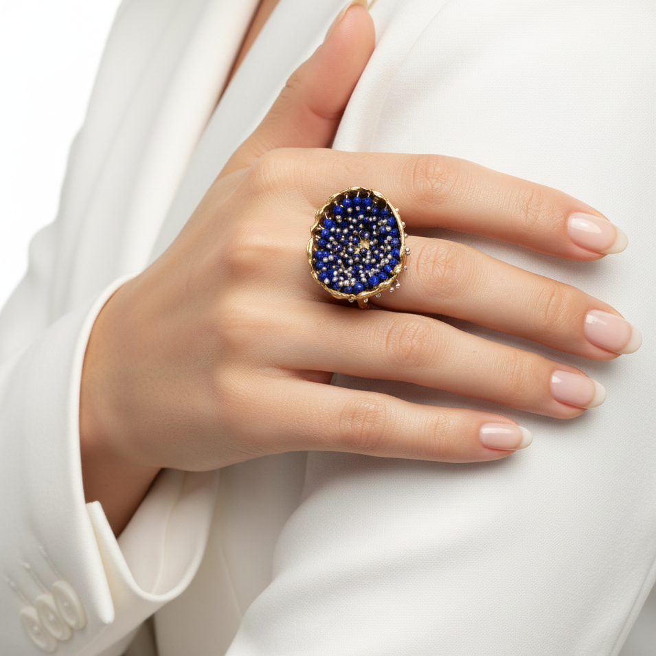 Dance of Stamens Large Ring, Mobile Gold Plated Pendant Hollow Bezel with Lapis Lazuli