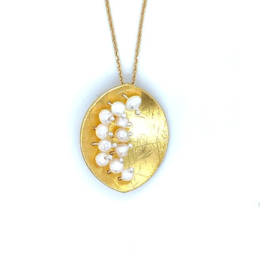 Leaf Mars Necklace, Sterling Silver with Gold Plate & Fresh Water Pearls Sterling Silver with Gold Plate