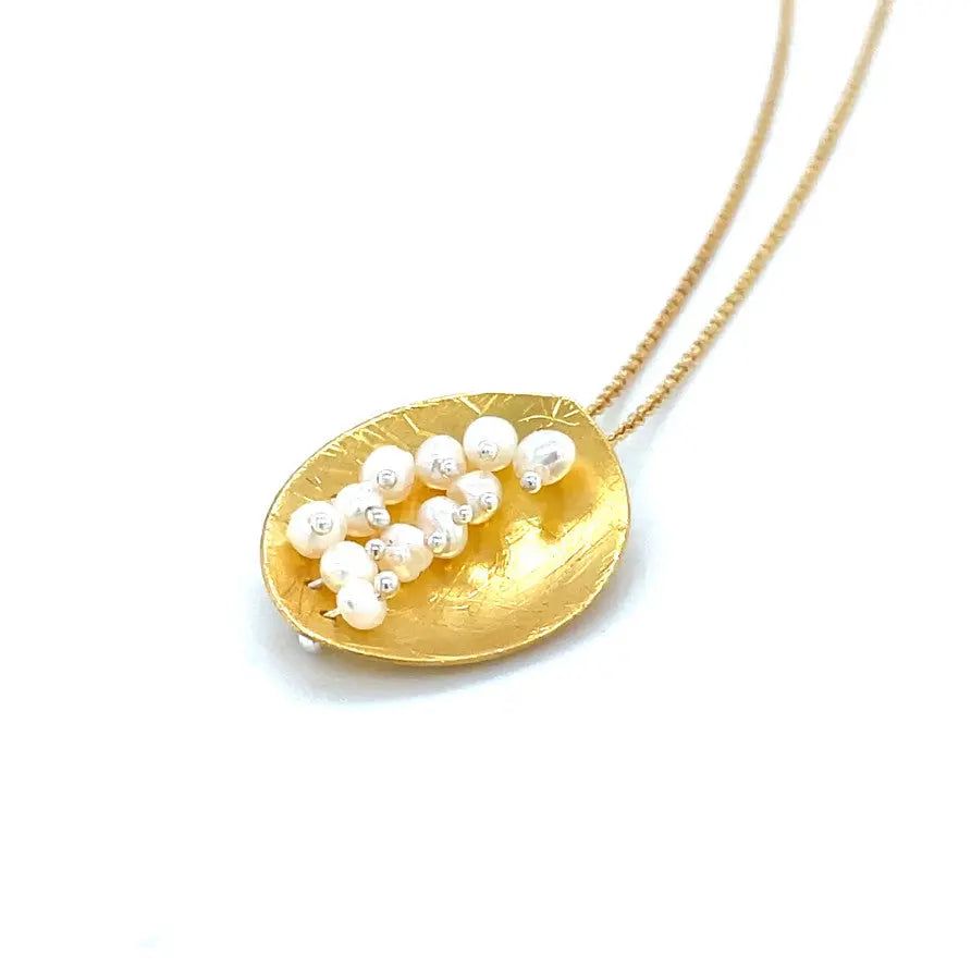 Leaf Mars Necklace, Sterling Silver with Gold Plate & Fresh Water Pearls Sterling Silver with Gold Plate