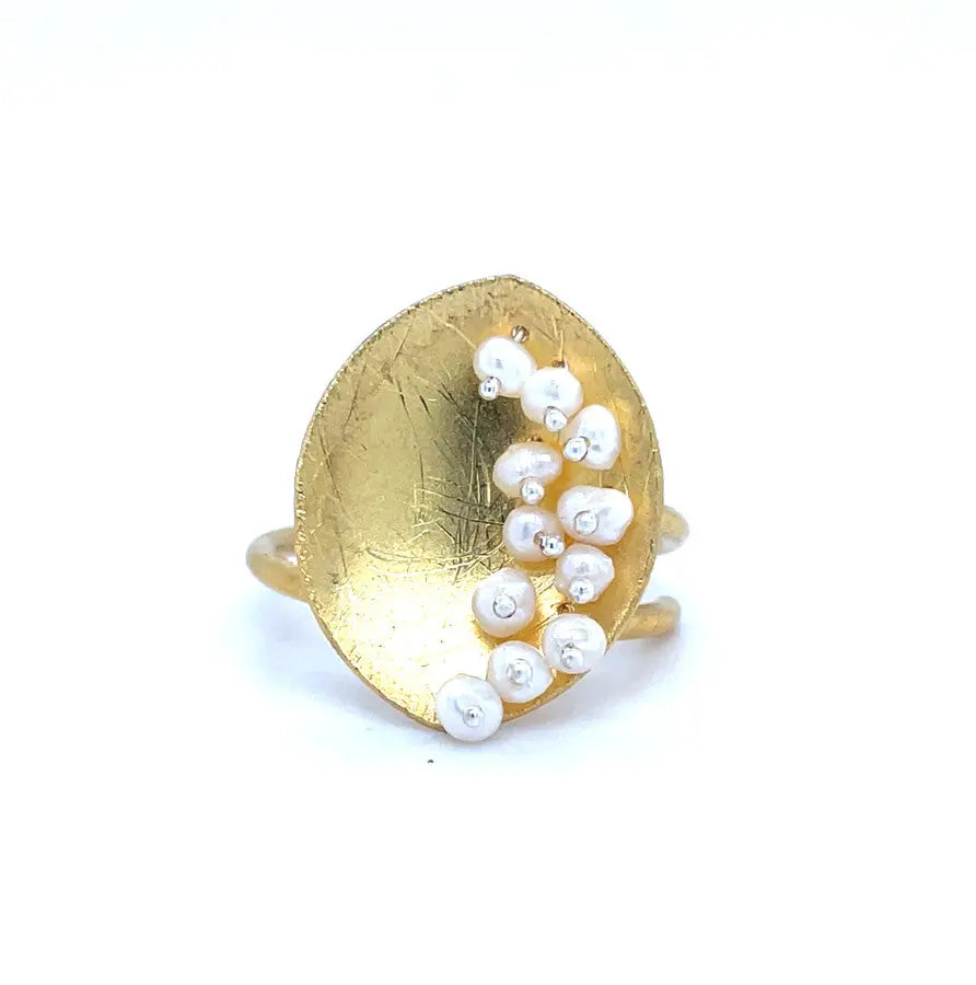 Leaf Mars Ring, Sterling Silver with Gold Plate with Baby Pearls Sterling Silver with Gold Plate