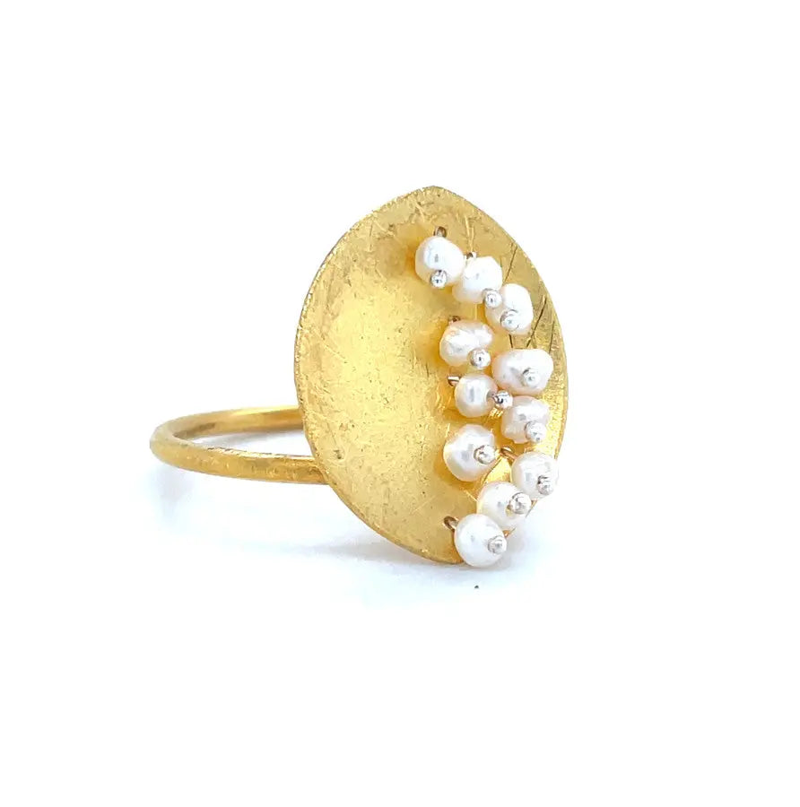Leaf Mars Ring, Sterling Silver with Gold Plate with Baby Pearls Sterling Silver with Gold Plate