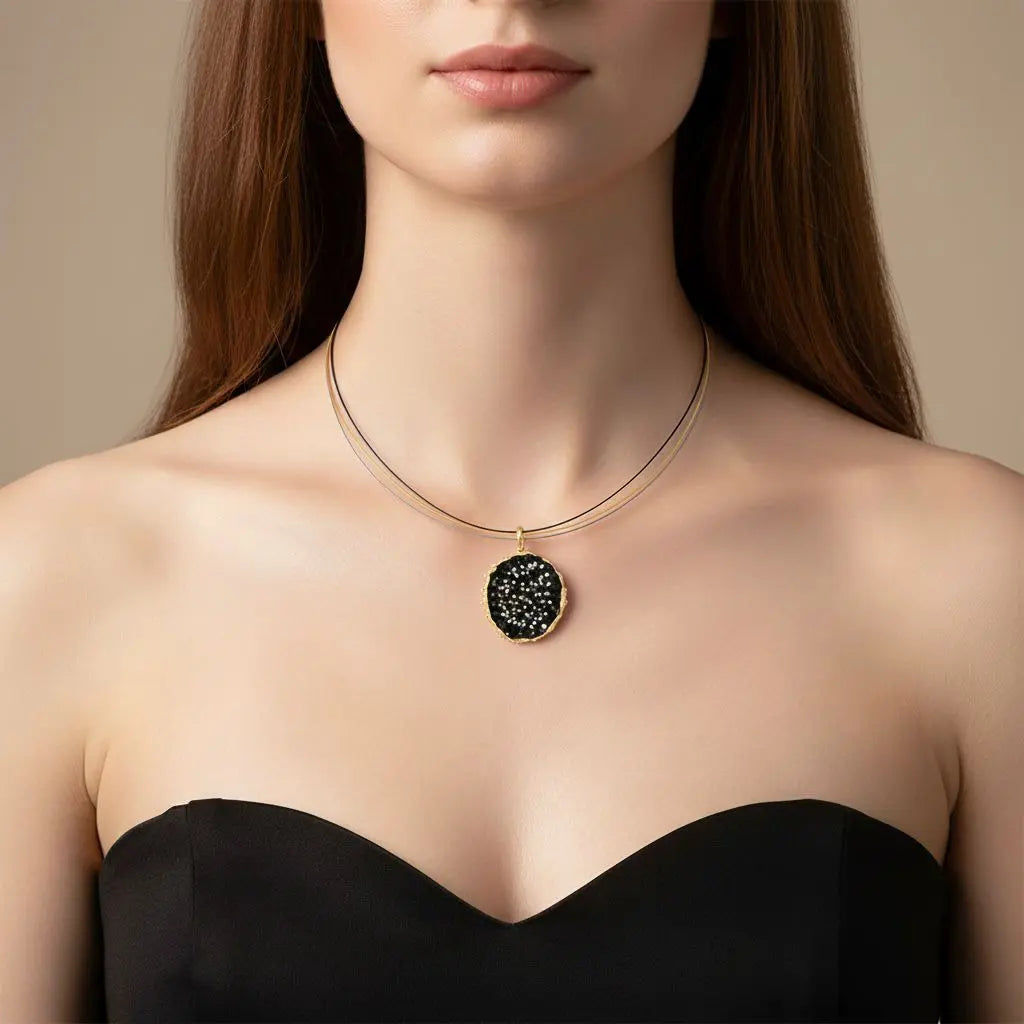 Dance of Stamens Necklace Midi, Gold Plated Hollow Bezel with Black Spinel Sterling Silver with Gold Plate