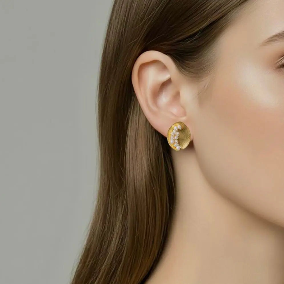 Leaf Mars Earring, Sterling Silver with Gold Plate and Fresh Water Pearls Sterling Silver with Gold Plate
