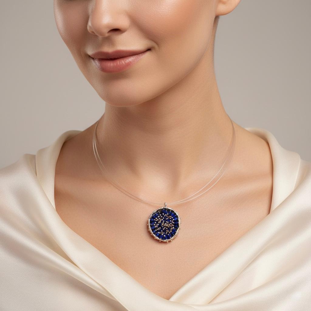 Dance of Stamens Necklace Large, Mobile Silver Pendant Hollow Bezel with Lapis Lazuli