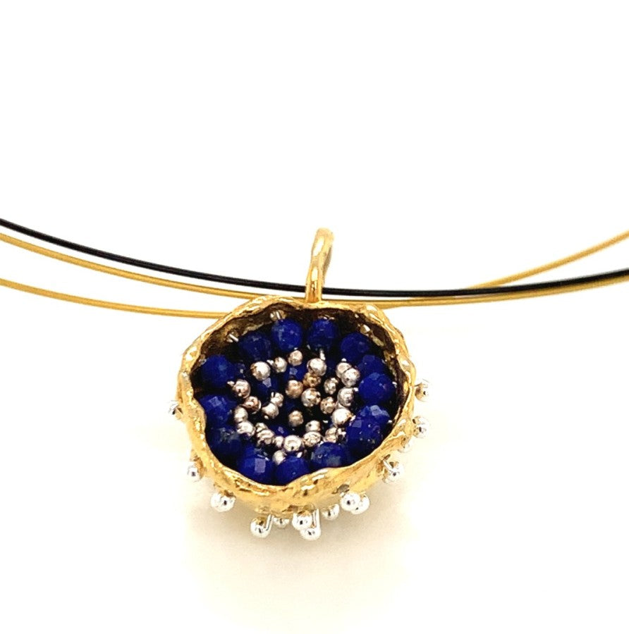 Dance of Stamens Necklace Midi, Mobile Gold Plated Pendant Hollow Bezel with Lapis Lazuli