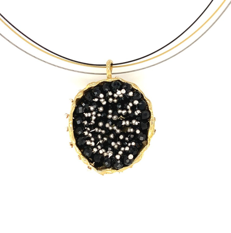 Dance of Stamens Necklace Large, Mobile Gold Plated Pendant Hollow Bezel with Black Spinel