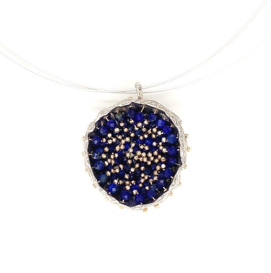 Dance of Stamens Necklace Large, Mobile Silver Pendant Hollow Bezel with Lapis Lazuli