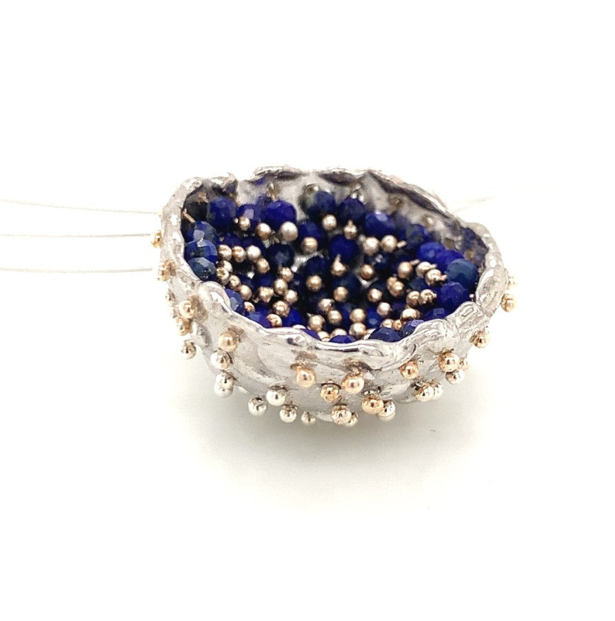Dance of Stamens Necklace Large, Mobile Silver Pendant Hollow Bezel with Lapis Lazuli