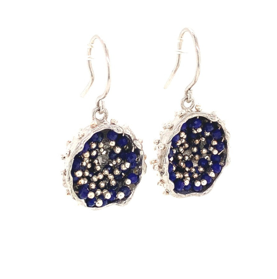 Dance of Stamens Medium Earring, Silver Hollow Bezel with Mobile Semiprecious Stones Lapis Lazouli