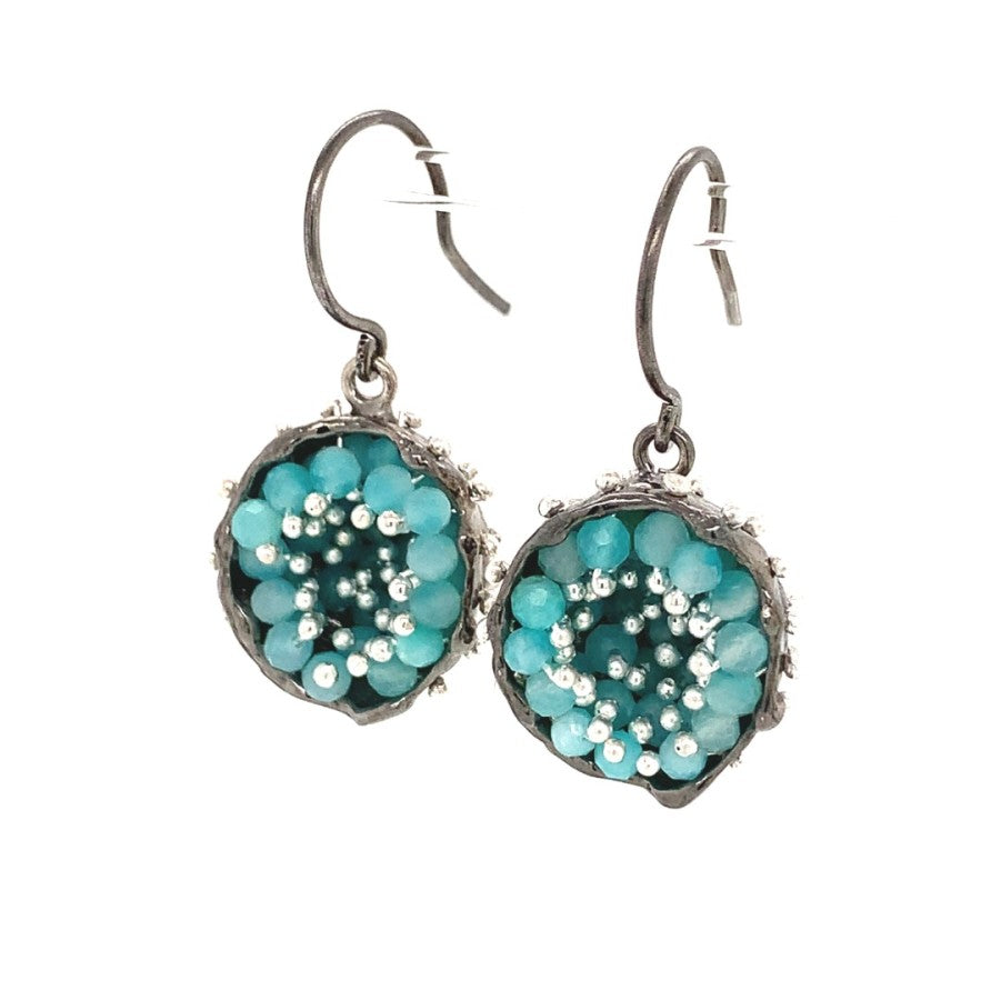 Dance of Stamens Medium Earring, Silver Hollow Bezel with Mobile Semiprecious Stones Amazonite