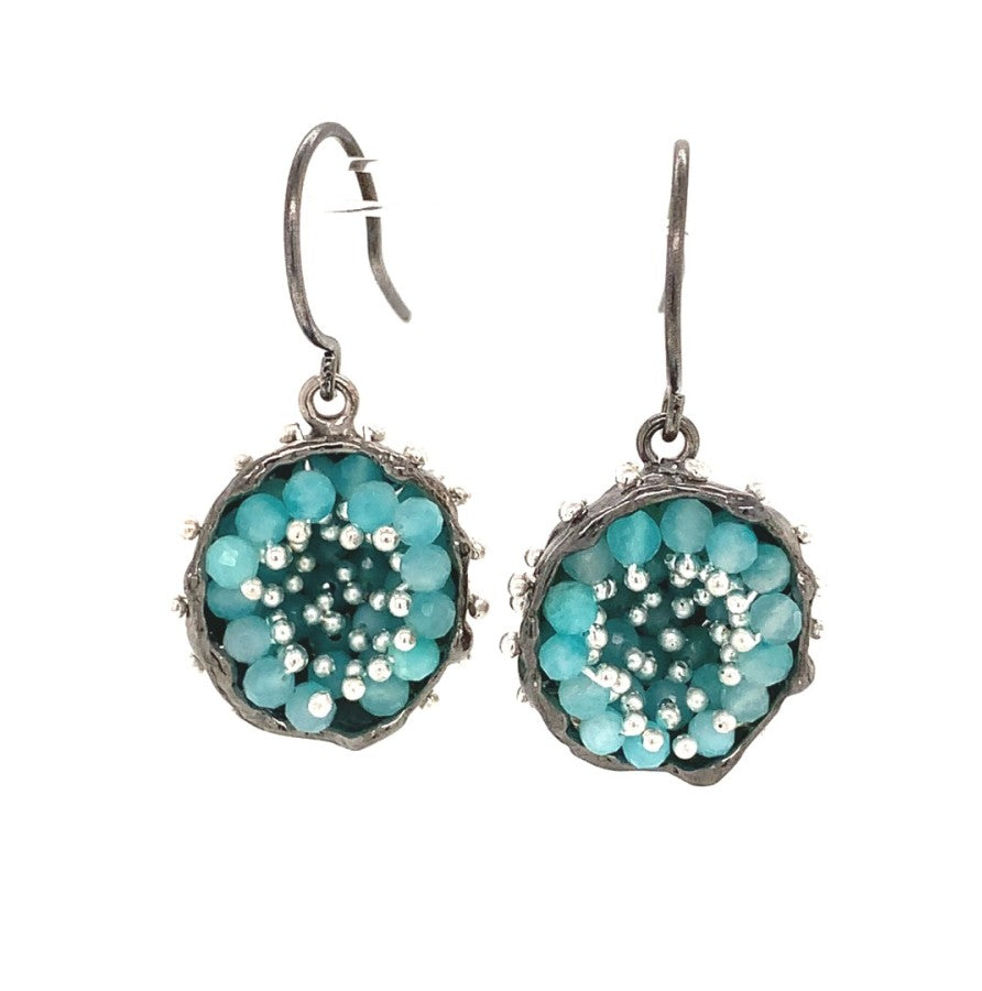 Dance of Stamens Medium Earring, Silver Hollow Bezel with Mobile Semiprecious Stones Amazonite